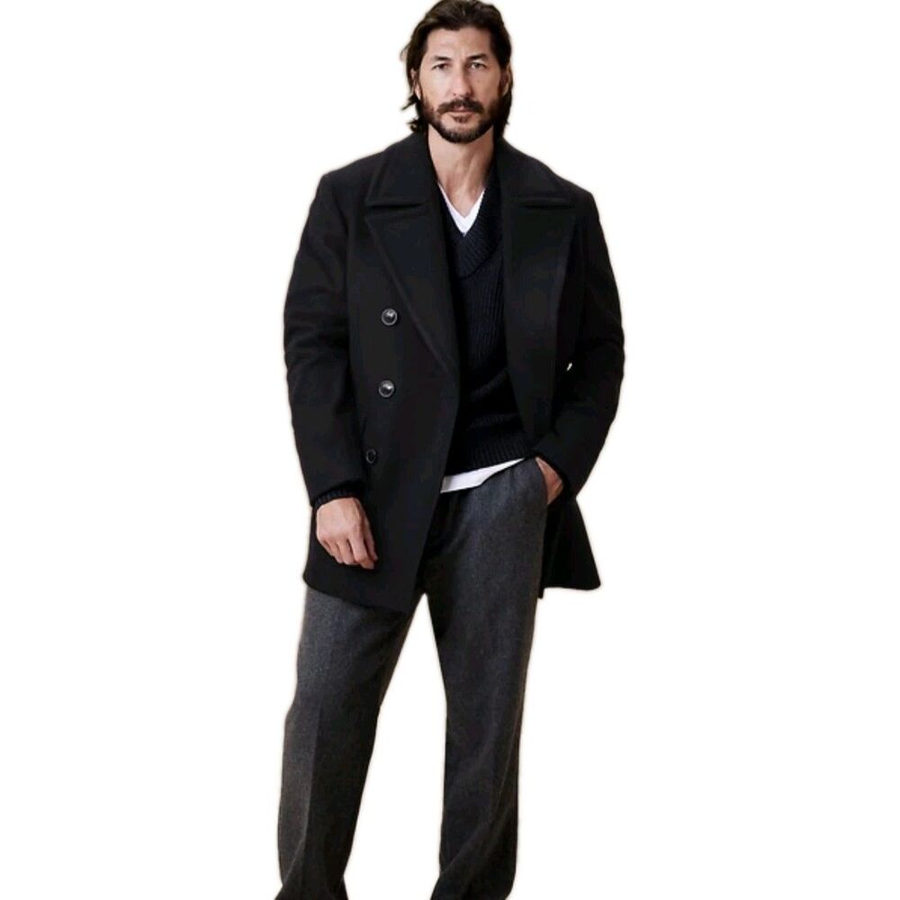 Banana Republic Men's Black Wool Double-breasted Pea Coat Size Large